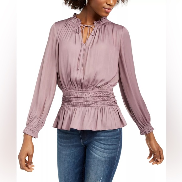 Current Air Tops - Current Air Smocked Peplum Blouse XS Purple Ruffle Neck Tie Long Sleeve Top